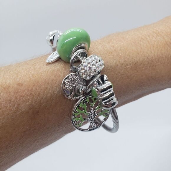 Tree Of Life Charm Bracelet Silver Tone & Green - Picture 5 of 8
